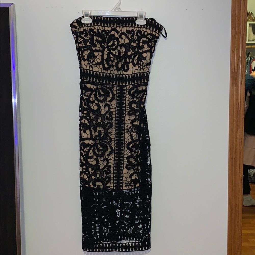 strapless lace body con dress